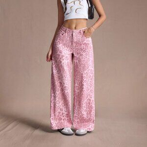 Pink Casual Women's Leopard Print Pocketed Loose Fit Wide Leg Jeans